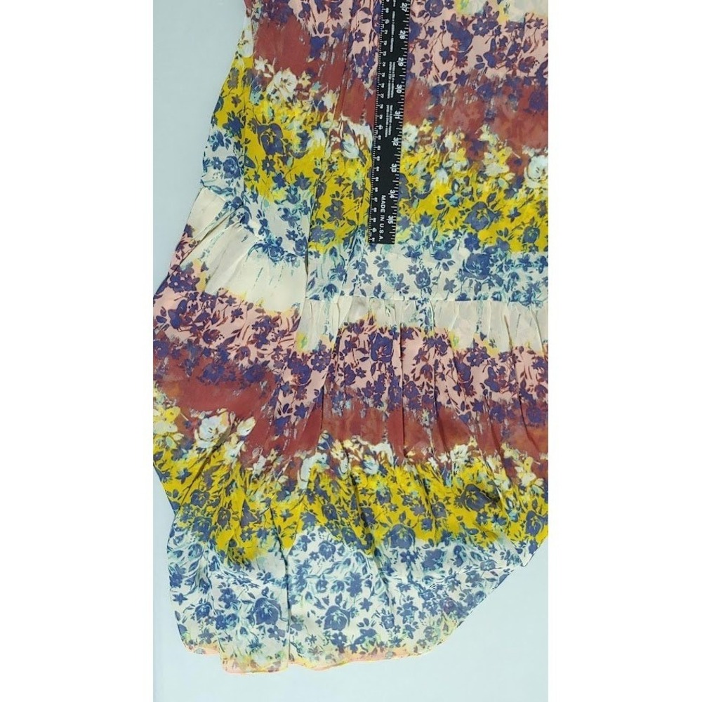 Bebe Floral Print Maxi Dress L Ruffle Tiered Spaghetti Strap V Neck Yellow Blue - Picture 13 of 13